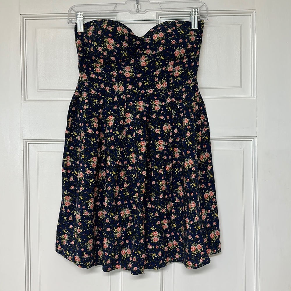 Navy Blue Floral Print Strapless Sundress